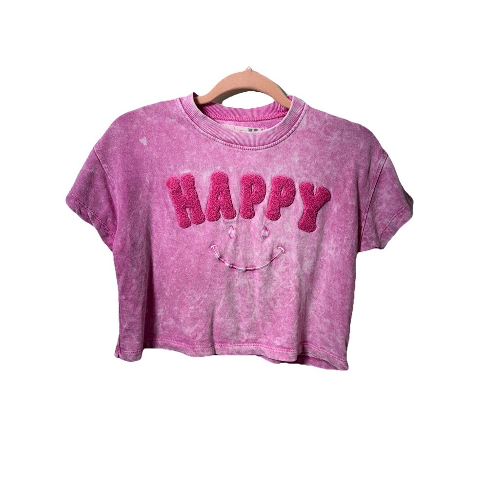 Vintage Havana Girls Pink Acid Wash "HAPPY" Smile Face Crop Top Tee Size M 10/12